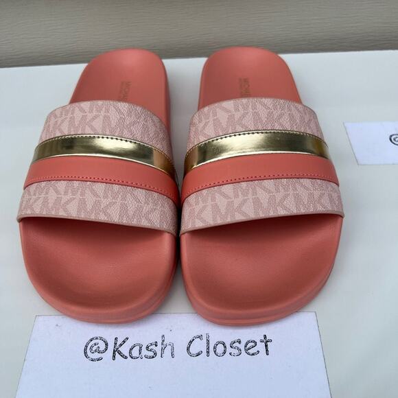 Michael Kors Brandy Metallic Striped Logo Slide Sandal Sherbert - Picture 1 of 6